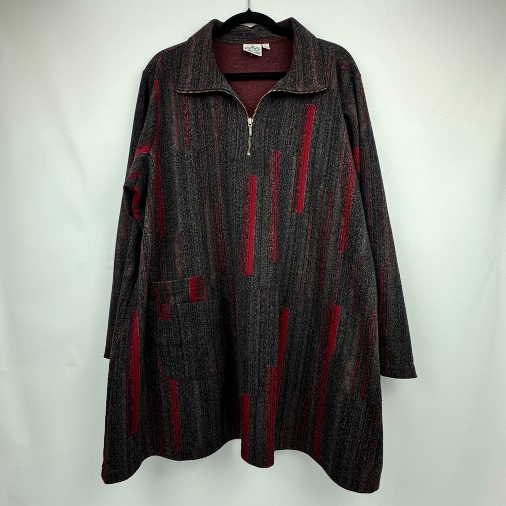 Parsley & Sage Gray Red Striped Tunic 1/4 Zip Sweater Pockets